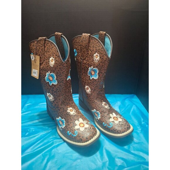 Twisted X Kids Floral Embroidered Brown Leopard Print Western Cowboy Boots Size - Picture 1 of 8